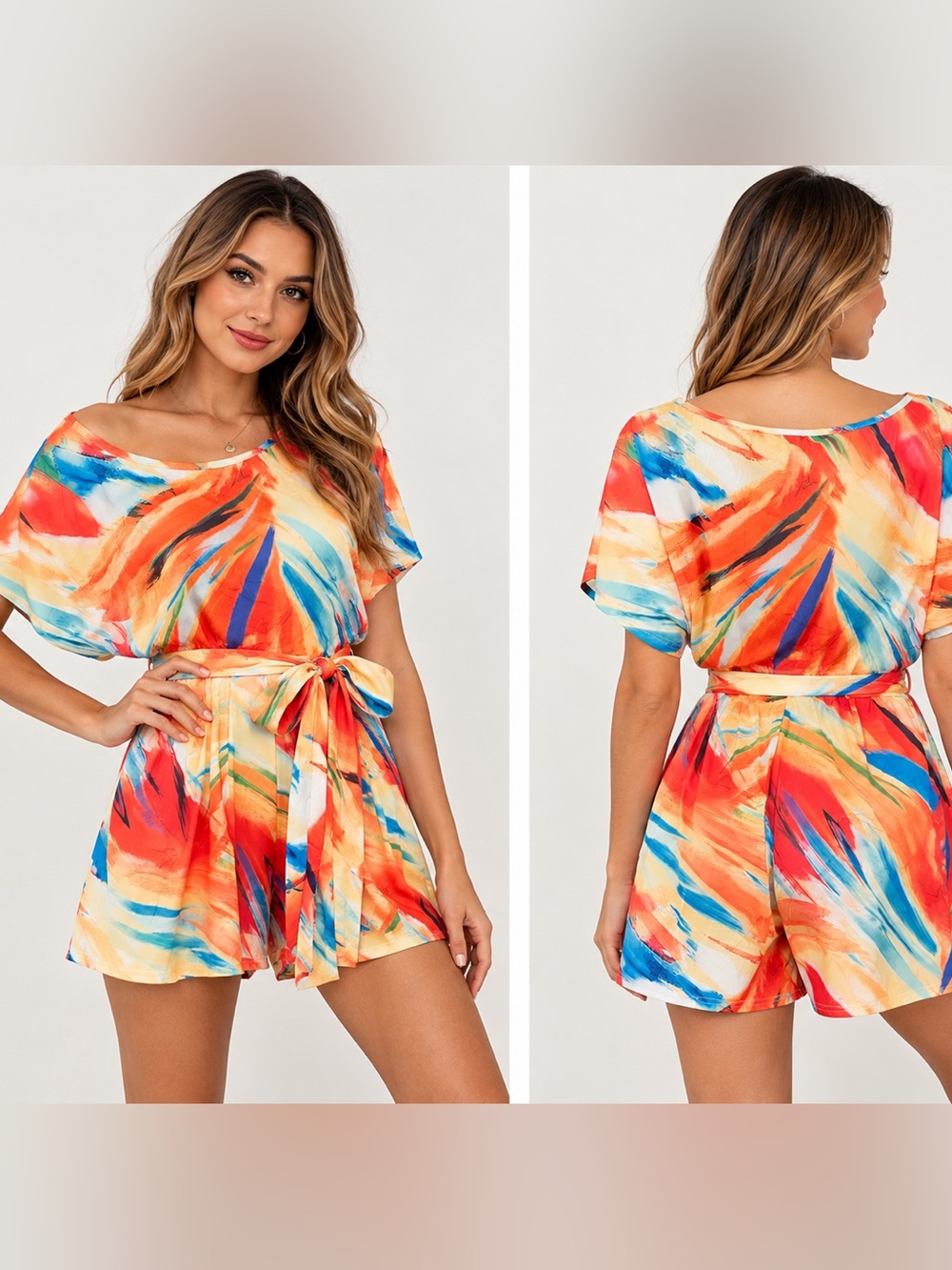 Tie-Waist Short Romper in Vibrant Orange & Blue Print